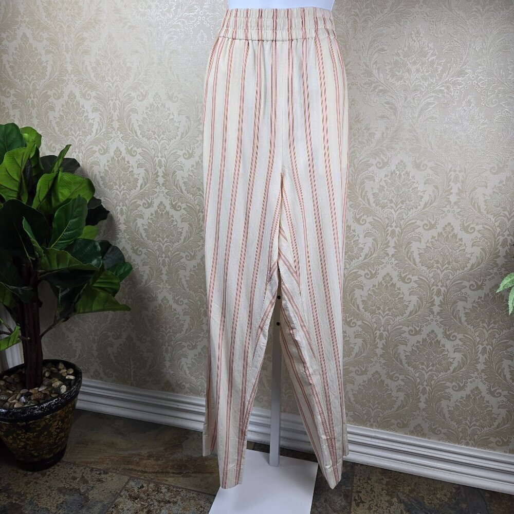 J Crew Size 12 Cotton Blend Striped Casual Pants Elastic Waist Wide Leg Crm/Pink